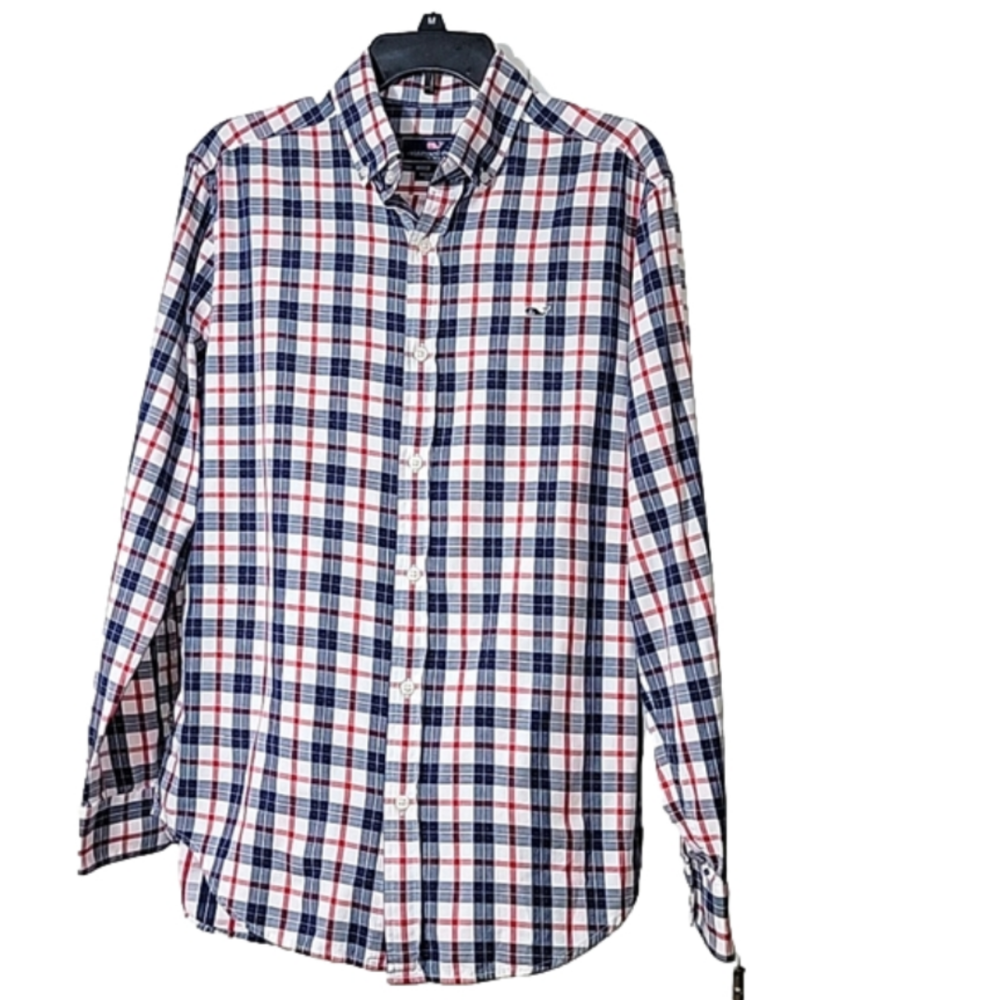 VINEYARD VINES whale shirt, red, white and blue plaid 100% cotton, size Medium